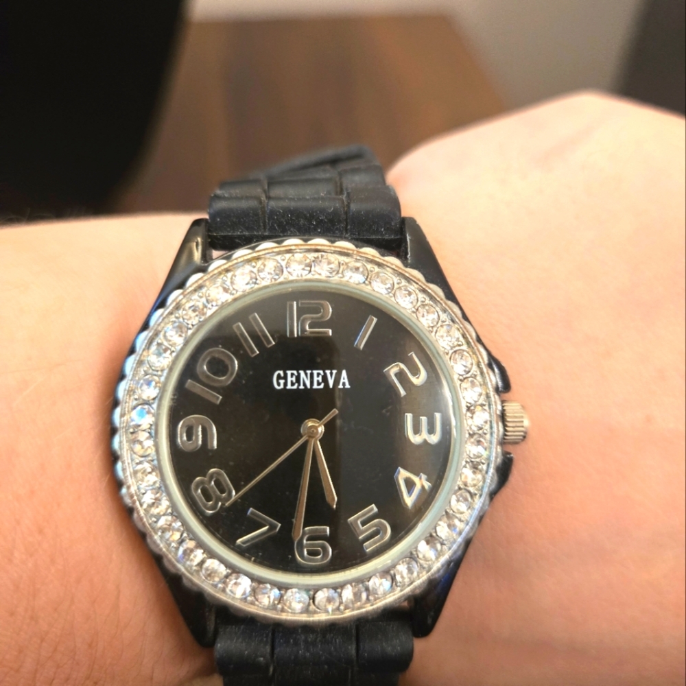 Geneva Watch Black Silicone Band With Rhinestones